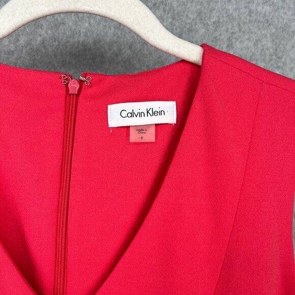 Calvin Klein Ruffle Hem Sheath Dress Size 6 Hibiscus Pink Coral Office Cocktail - Picture 7 of 12
